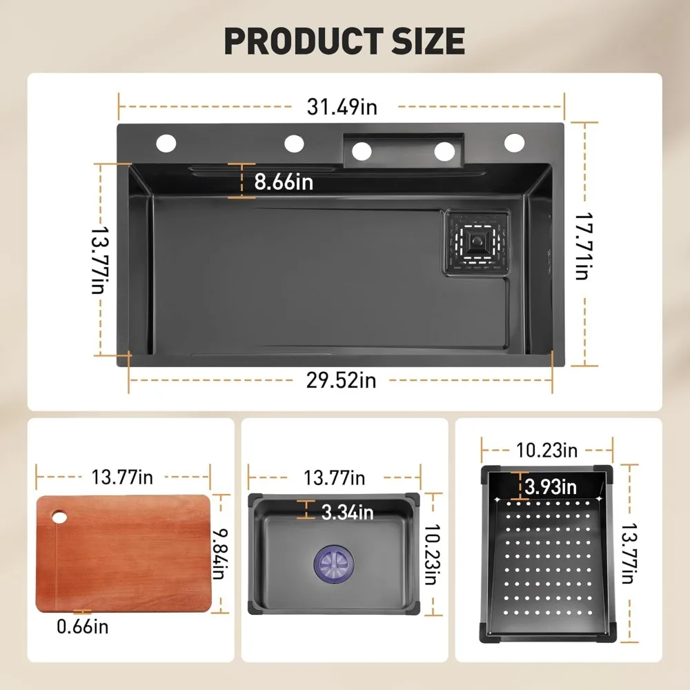 Zlewozmywak kuchenny z wodospadem 32''*18', zlew kuchenny z pojedynczą misą, stacja robocza z zlewem kuchennym ze stali nierdzewnej 04 z wysuwanym wycięciem
