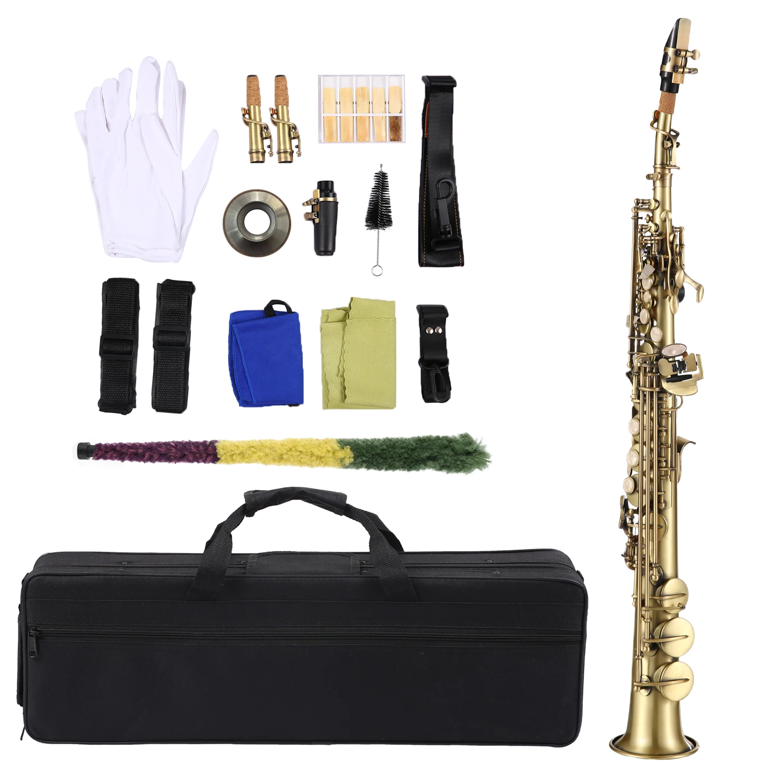 Professional Brass Straight Bb Soprano Saxophone Nickel Plated Sax Woodwind Instrument Carve Pattern with Carrying Case Mouthpie