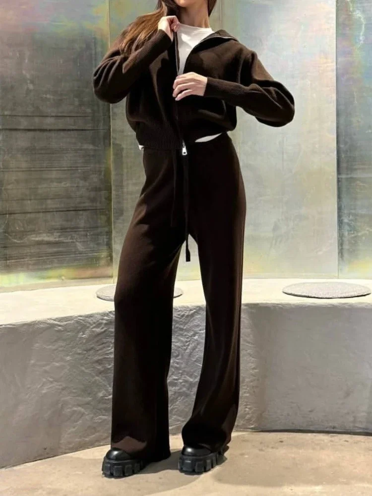 New in Women's Knit Zip Up Cardigan Wide Leg Pants Set Soft Fabric Cropped Elastic Winter Waist Autumn Winter Fashion Sweater