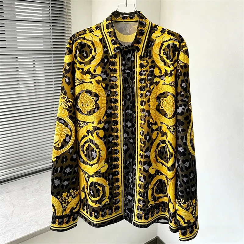 2026 Men's Shirt Black Gold Baroque Leopard Print Long Sleeve Shirt Fashionable Loose Long Sleeve Shirt Party Dressing Top