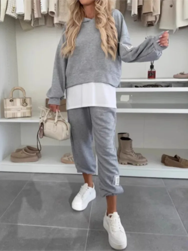 Casual Two Fakes Sweatshirt Two-piece Set For Woman Fashion Hooded Hood Pullovers  Skinny Pants Suit Autumn Winter Lady Outfit