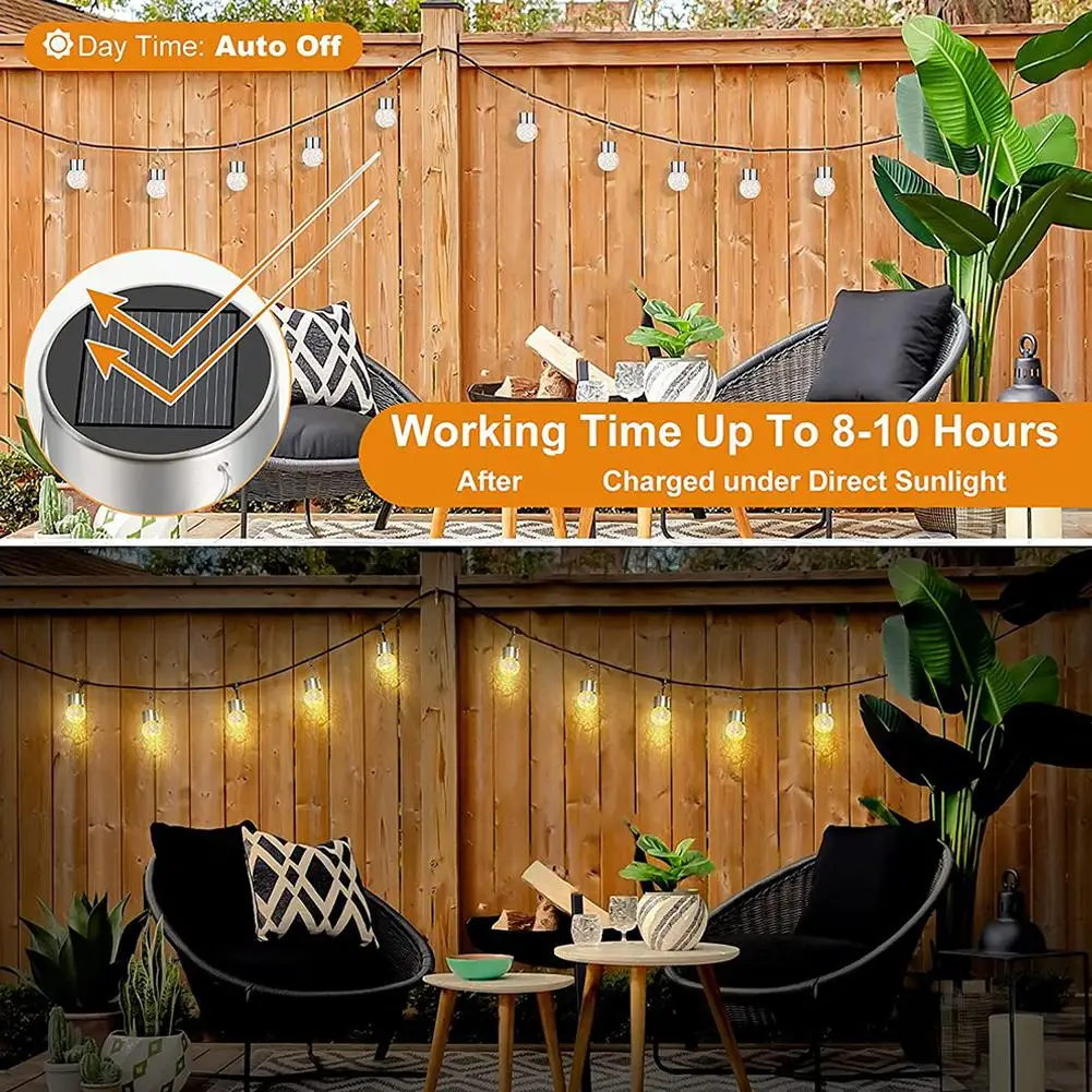 1Set Outdoor Solar Glass Ball Pendant Light Cracked Ball LED Rattan Ball Light Garden Light String Courtyard Decorative Lights