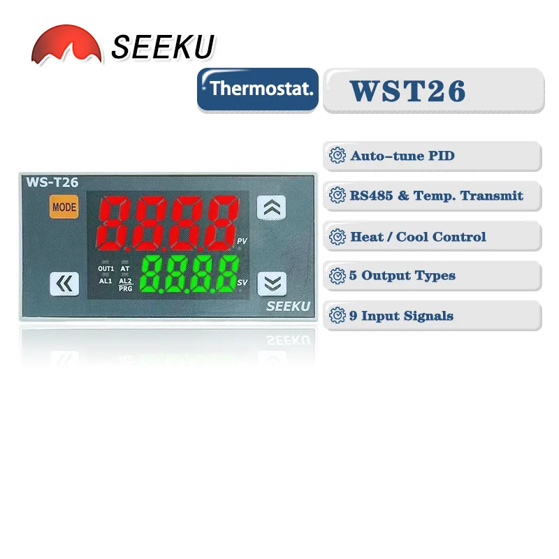 SEEKU T26 PID Temp Controller RS485 100ms Sampling Heat  Cool Modbus Thermocouple RTD Relay SSR 0-10V 4-20mA Output 24VDC 220VAC