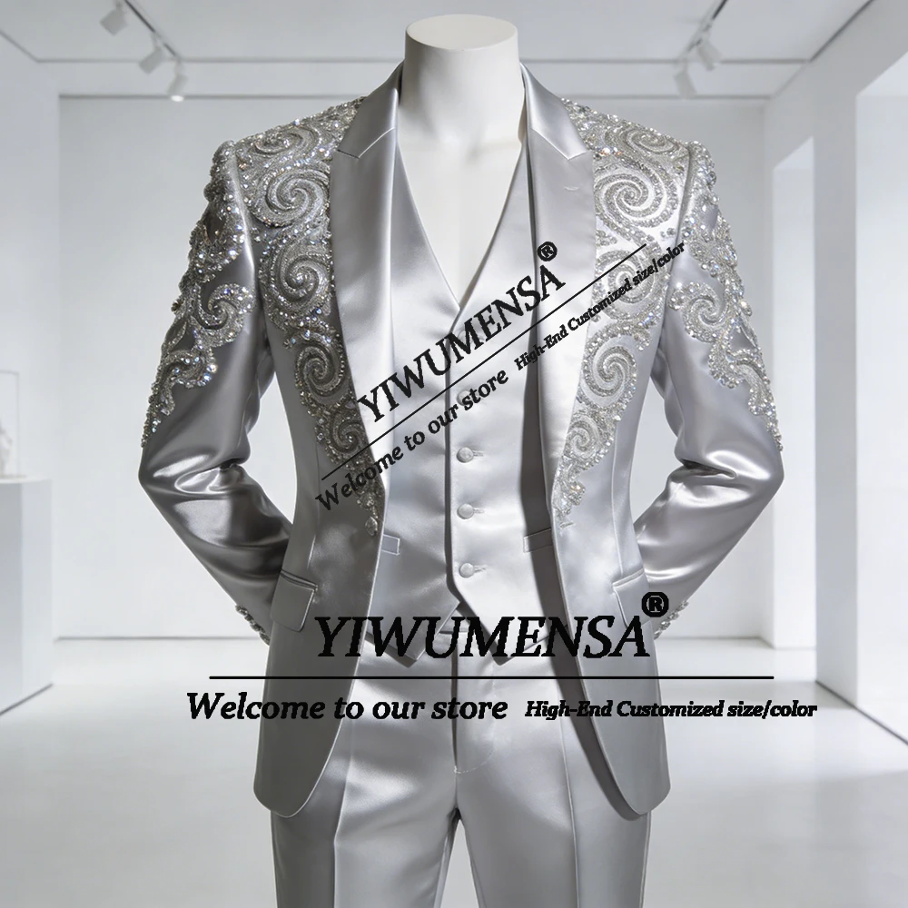 

Мужской костюм-тройка класса люкс с кристаллами и бисером, однобортный пиджак для выпускного вечера, индивидуальный пошив, для банкета, жениха, свадебный смокинг