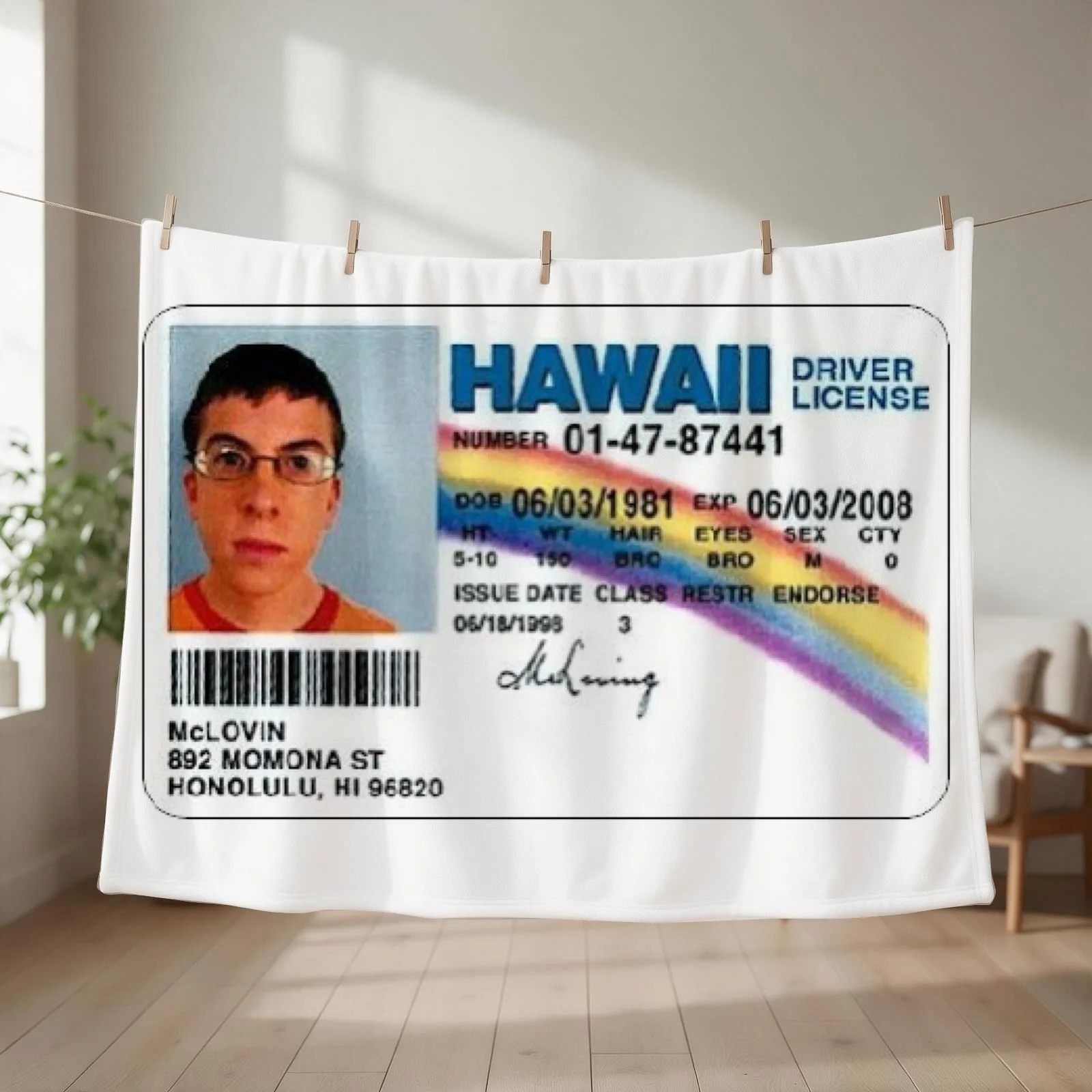 McLovin Fake I.D Throw Blanket couch cozy soft plush fuzzy picnic outdoor blanket