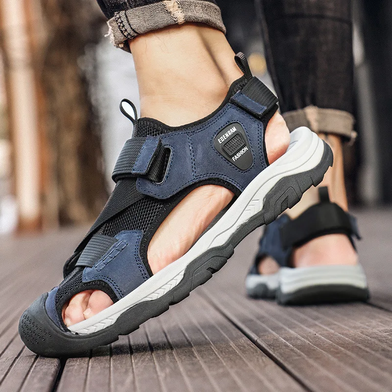 High quality leather flat sandals for men round toes new summer 2025 size 38 46 casual beach walking big size shoe blue green