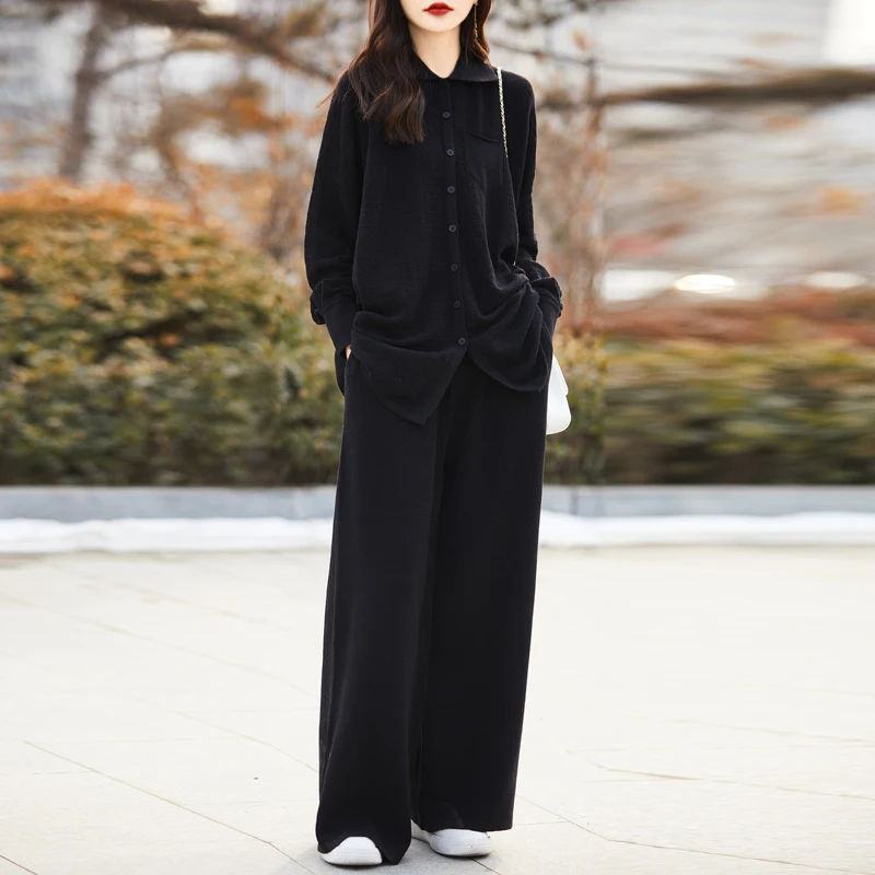 100% Wool Spring and Autumn Women's Suit Shirt Collar Sweater Cardigan Loose Casual Wide-Leg Pants Knitted Fashion Two-Piece Set