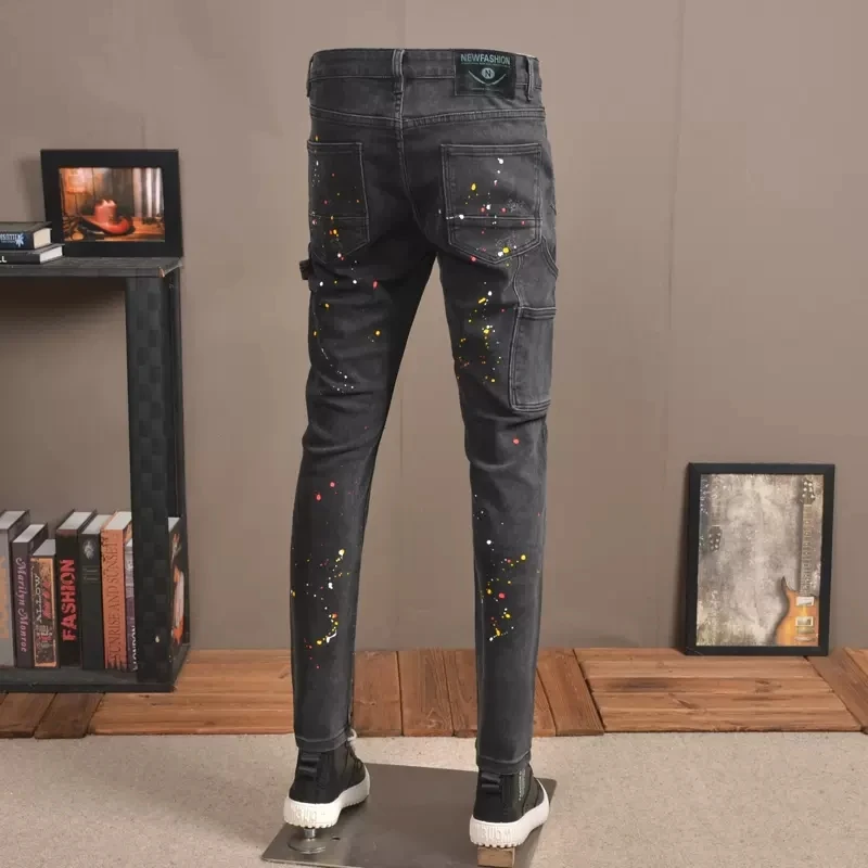 Pantalones vaqueros rasgados con agujeros para Hombre, Jeans Retro elásticos, color negro y gris, diseño pintado, Hip Hop