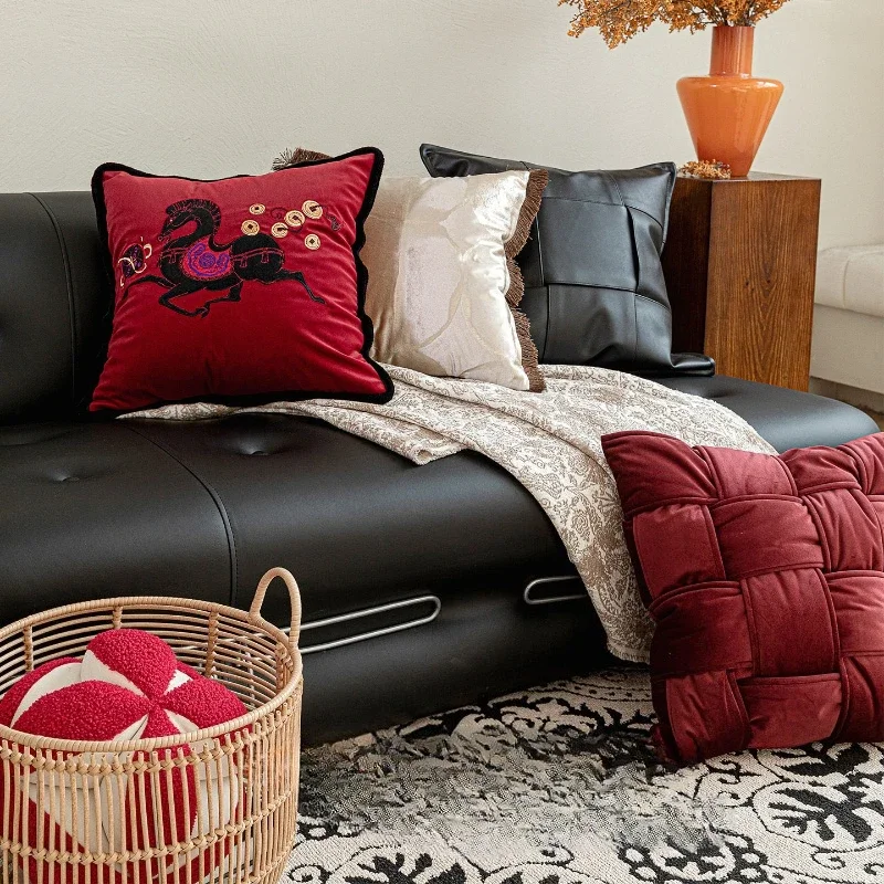 30X50/45X45/50X50CM Red Horse Embroidered Throw Pillow Cover New Year Waist Cushion Cover Decor Home Decorative Pillowcase