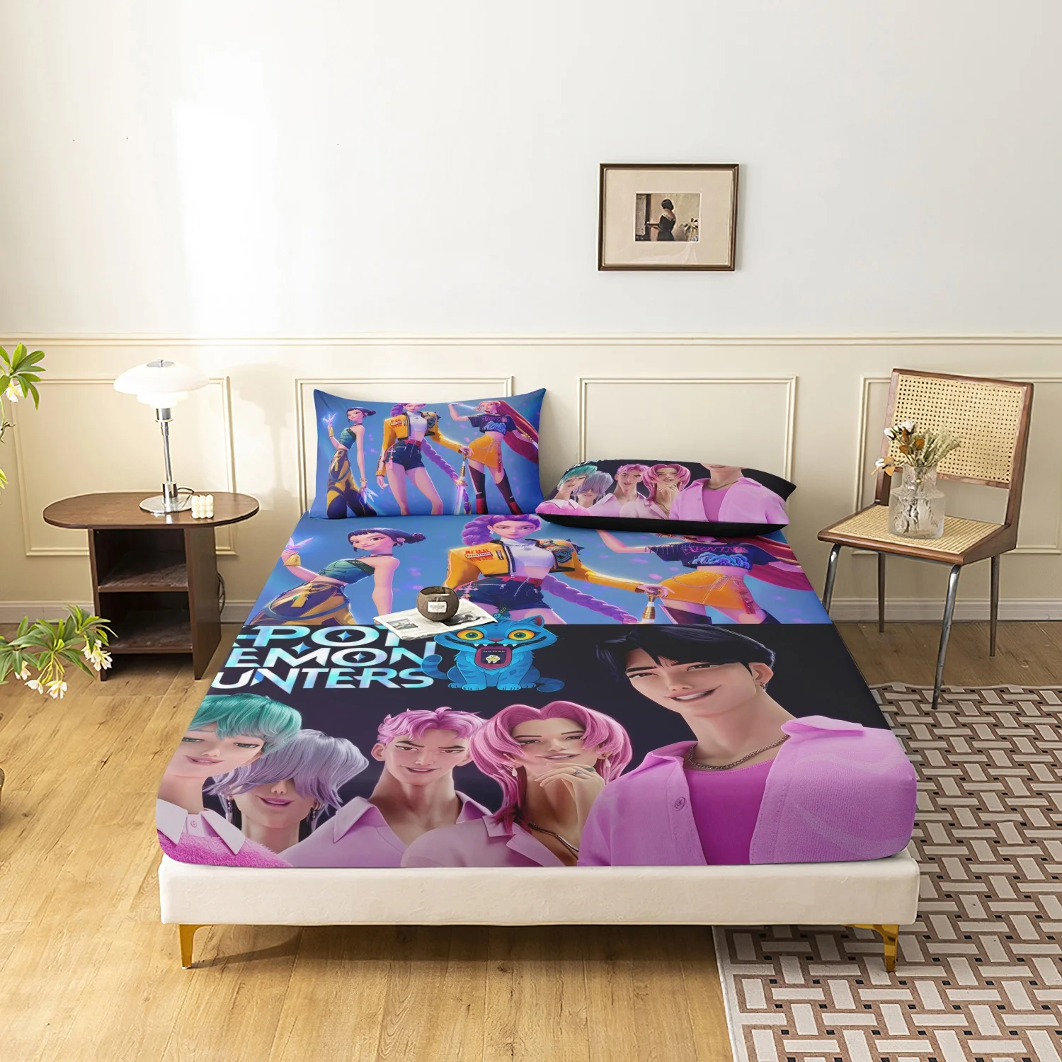 مجموعة ملاءات K-Pop Demon Hunters المجهزة مكونة من 3 قطع من شخصيات الرسوم المتحركة الناعمة، مناسبة لغرفة النوم ومجموعات ملاءات النوم لمحبي Netflix