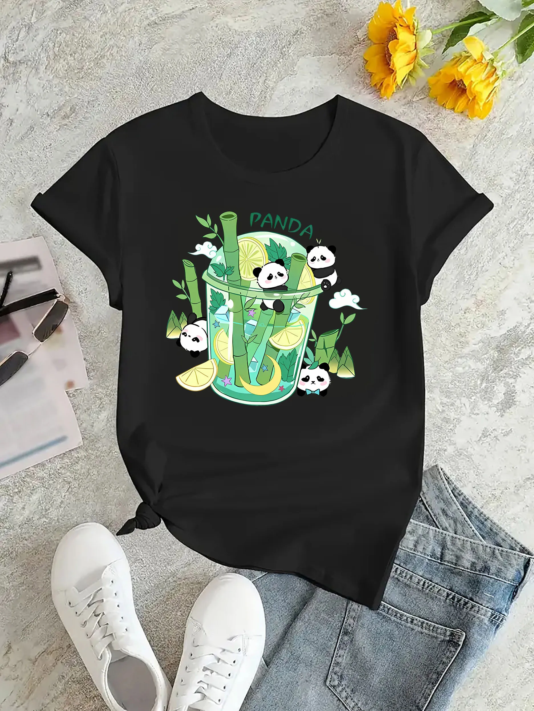 Camiseta festiva con estampado de panda: divertida y de moda para todas las estaciones: camiseta informal, cómoda y liviana para mujer