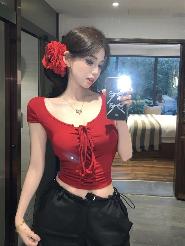 

Sexy Sweet Spicy Short Sleeve U-Neck T-Shirt Women's Tight Fit Short Style Banded Korean Style Commute Pure Color Summer Top