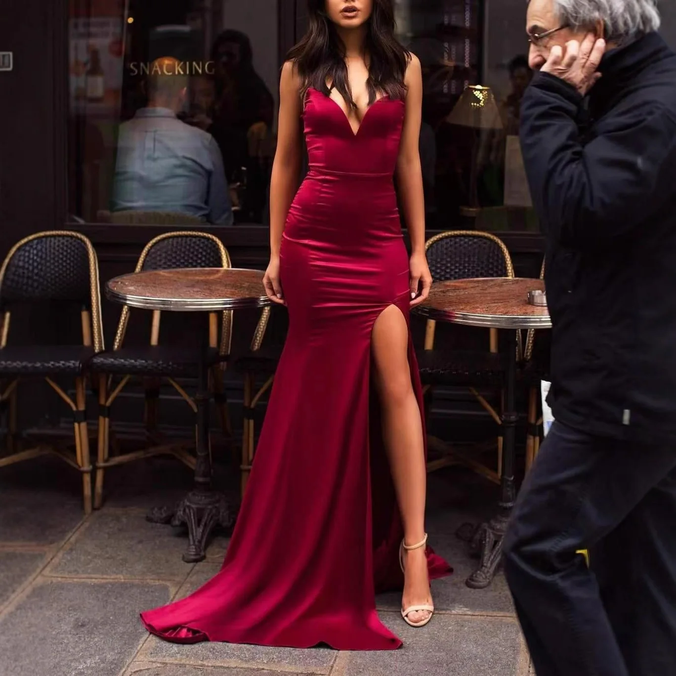 

Sexy Dark Red Mermaid Evening Formal Dress Sweetheart Side Silt Satin Long Prom Pageant Party Gowns Robe De Soiree