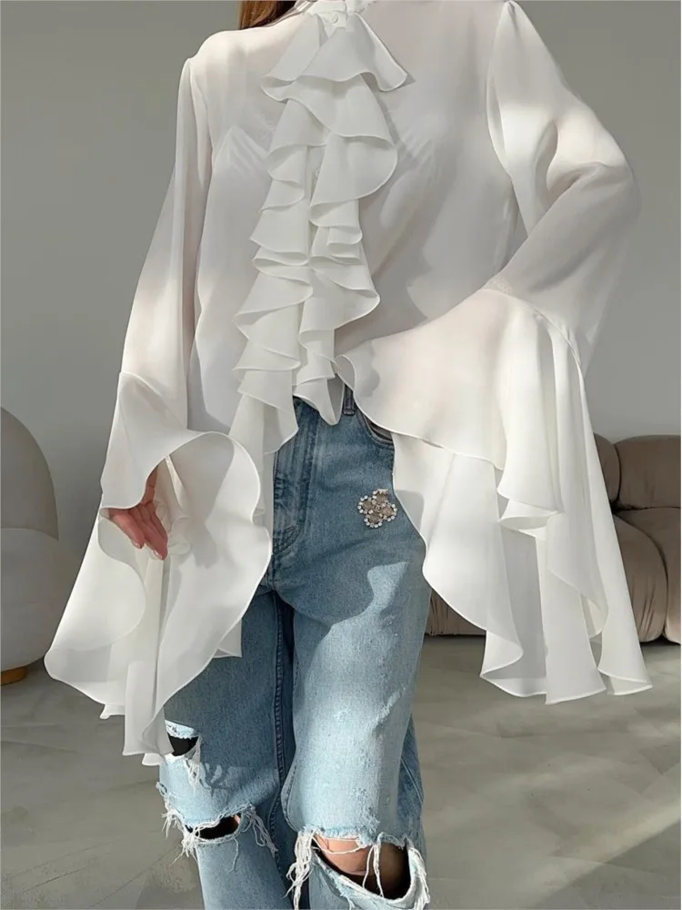 

White Chiffon Shirt Women Fashion Ruffle Edge O-Neck Flared Sleeves Single Breasted Blouse 2025 New Summer Casual Loose Shirts