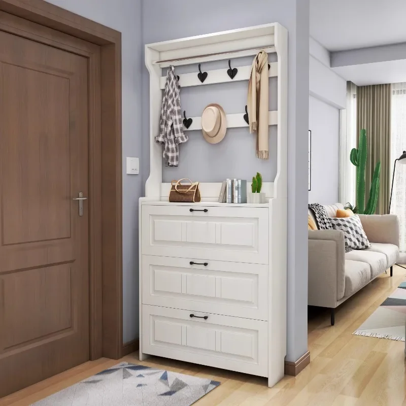White ultra-thin shoe cabinet Tipping bucket shoe cabinet Home door with coat rack Simple modern large-capacity storage Small sh