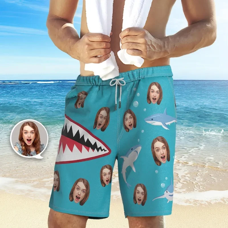 Custom Face Men Shorts Sharks Foliage Breathable Beach Shorts 3D Printed Unisex Gym Sport Board Short Pants Ice Swim Trunks