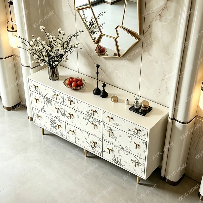 Retro hand painted nine chest cabinet living room bedroom white plant flower metal handle locker
