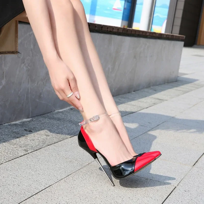 Dress Wedding Shoes Women Pumps Mixed Color Pointed Toe Buckle Strap Patent Leather 16CM Thin high heels Mature Dress Women Shoe