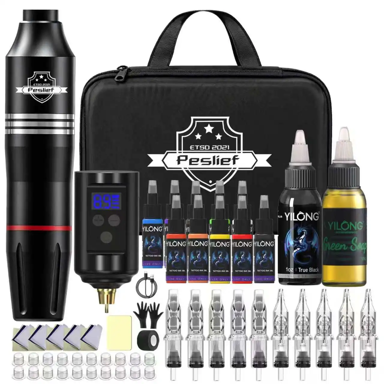 Aluminum Alloy Wireless Tattoo Machine Kit Complete, Rotary Tattoo Gun, 7 Hour Battery Life, Cordless Tattoo Pen, 10 Cartridge Needles-3RL 9RM,10 Ink,Extra 30ML Black Ink Full Tattoo Supply Equipment for Beginners, Body Art Makeup Gift