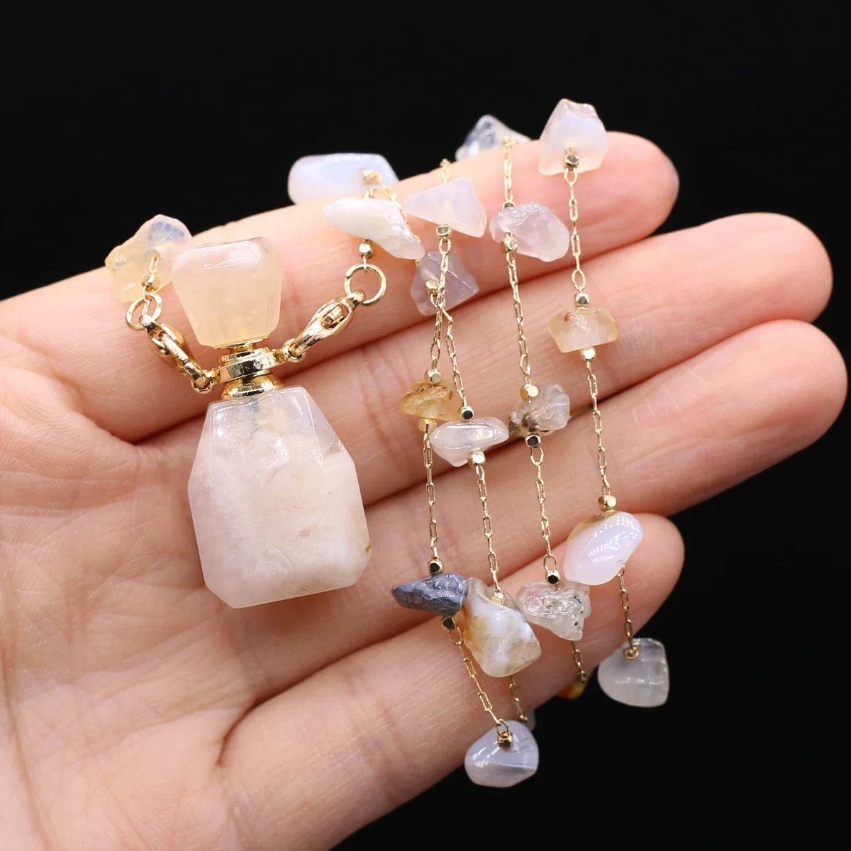 Natural Sakura Agate Perfume Bottle Necklace Charms Women Essential Oil Diffuser Pendant Necklace for Jewerly Party Gift