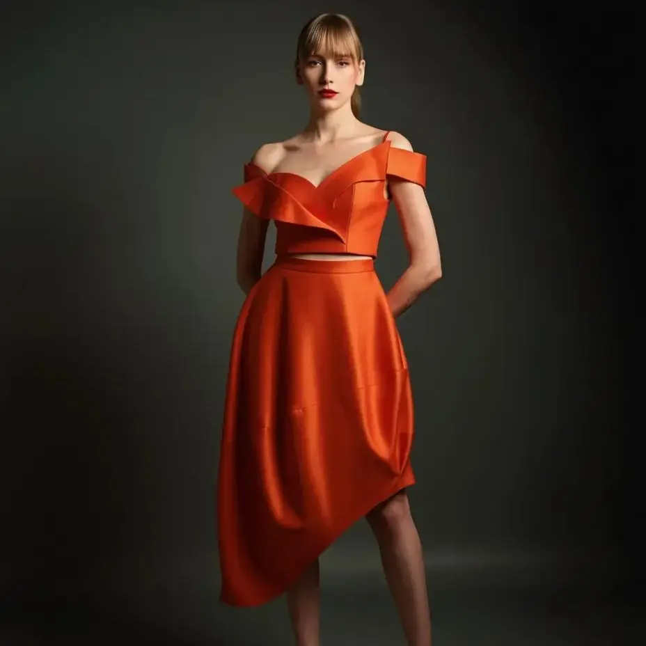 

Женская атласная юбка трапециевидной формы с завышенной талией, асимметричная передняя часть и короткая спина, оранжево-красная летняя юбка-тортик, плиссированный стиль Tr