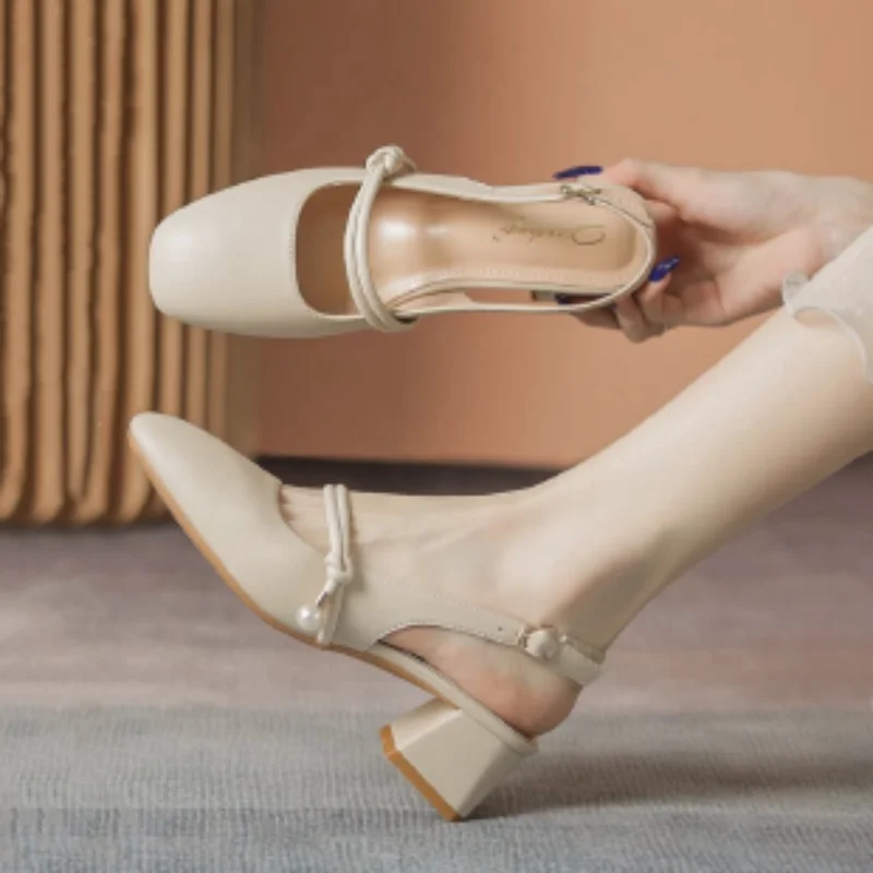 2026 Summer New Women Sandals, French Style Pearl Strap Closed Toe Block Mid Heel Fairy Style Daily Casual Shoes view 2