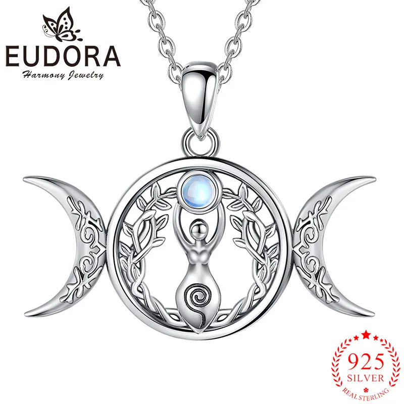 

Eudora 925 Sterling Silver Triple Moon Goddess Necklace Moonstone Tree of Life Amulet Pendant Fine Jewelry Gift for Women