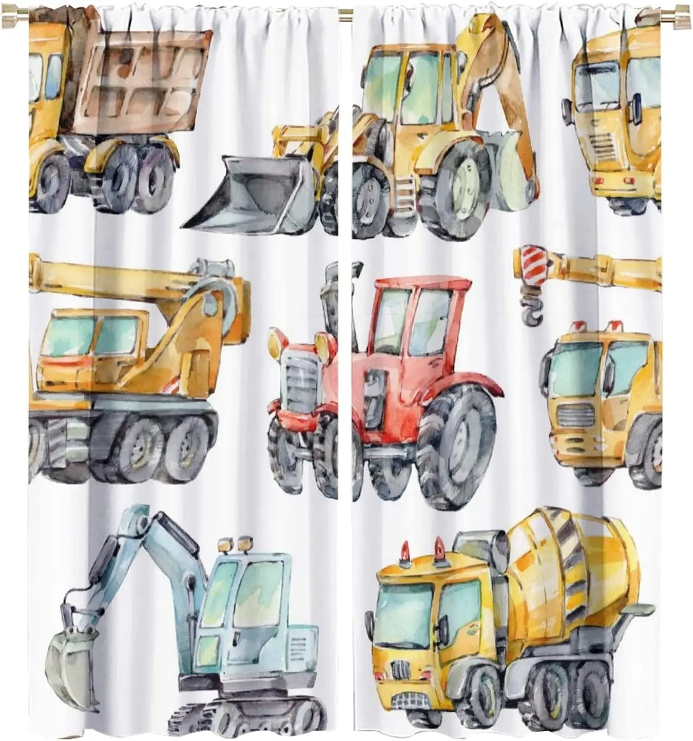 Kids Excavator Curtains, Retro Truck Tractor Machinery Construction Vehicle Crane Digger Mixer Rod Pocket Decorative Windows