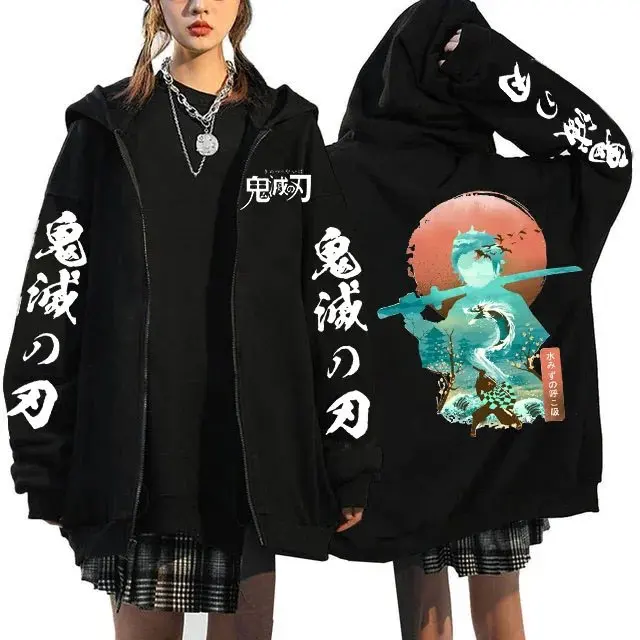 ユニセックスデーモンスレイヤーアニメフード付きジャケット男性女性ジップアップスウェットシャツ日本の漫画プリントストリートカジュアル秋のファッショントップス
