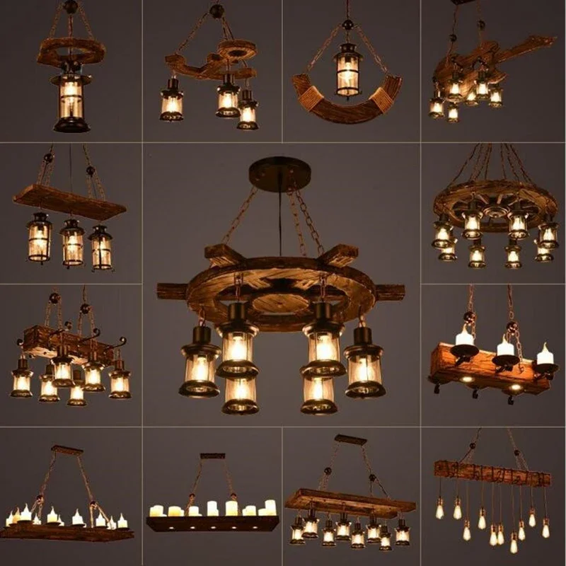 Vintage Retro Wooden LED Ceiling Lamp Antique Industrial Chandelier Lighting LOFT Bar Decoration Luminaire Pendant Lights Lustre