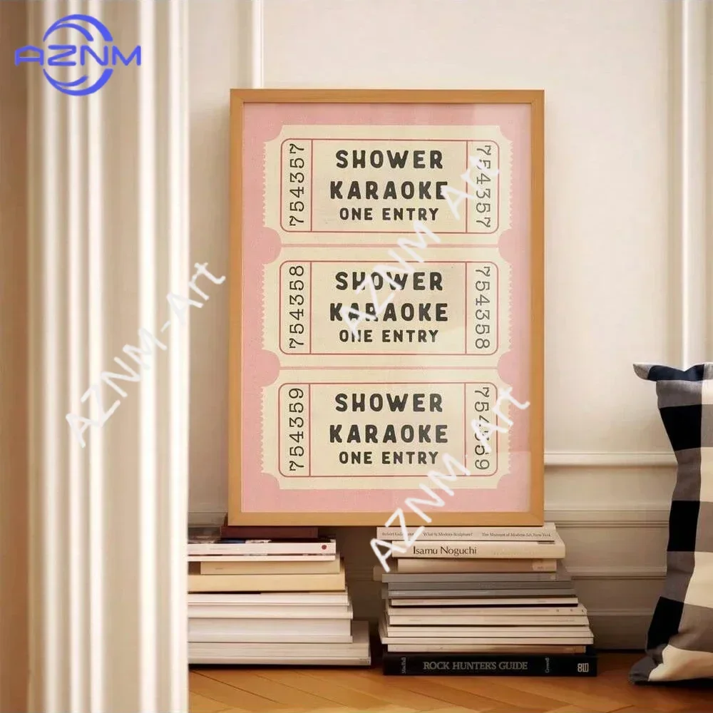 1 Stück Ungerahmtes Dusch-Karaoke-Ticket Poster Druck Badezimmer Leinwandbild Retro Rosa Dusche Lustige Wandkunst Heimdekoration
