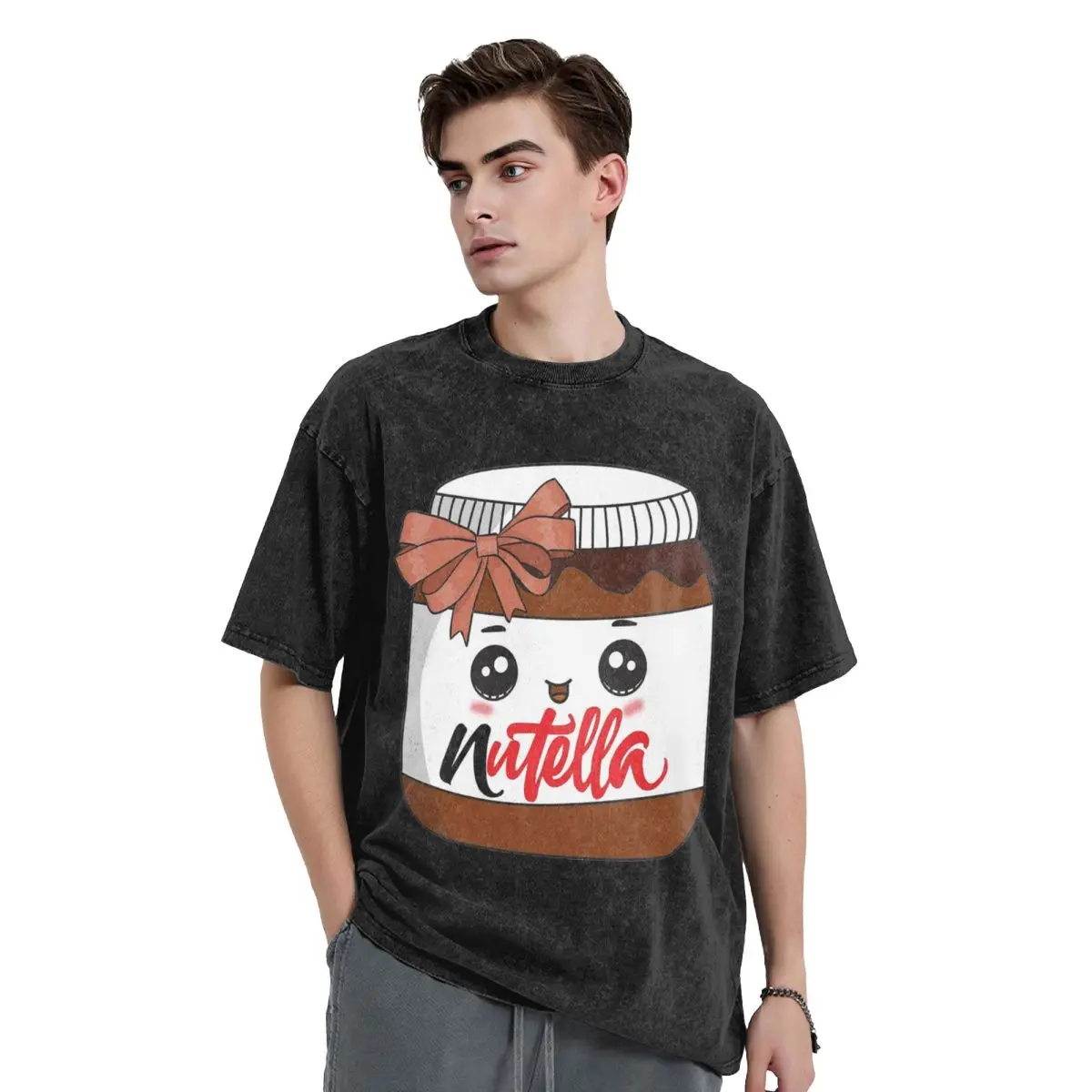Nutella Washed T Shirts Vintage Short Sleeve Hip Hop T-Shirt Streetwear Tops Tees for Men Women