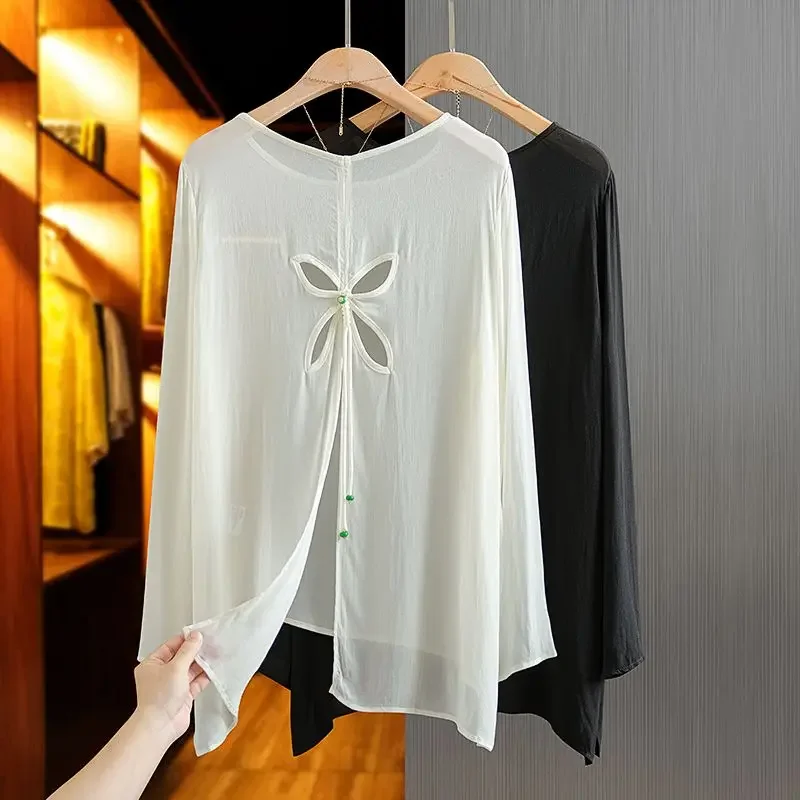 

Шифоновая винтажная женская блузка, летняя однотонная женская рубашка с круглым вырезом, Распродажа одежды 2024, свободные Ажурные топы с длинным рукавом