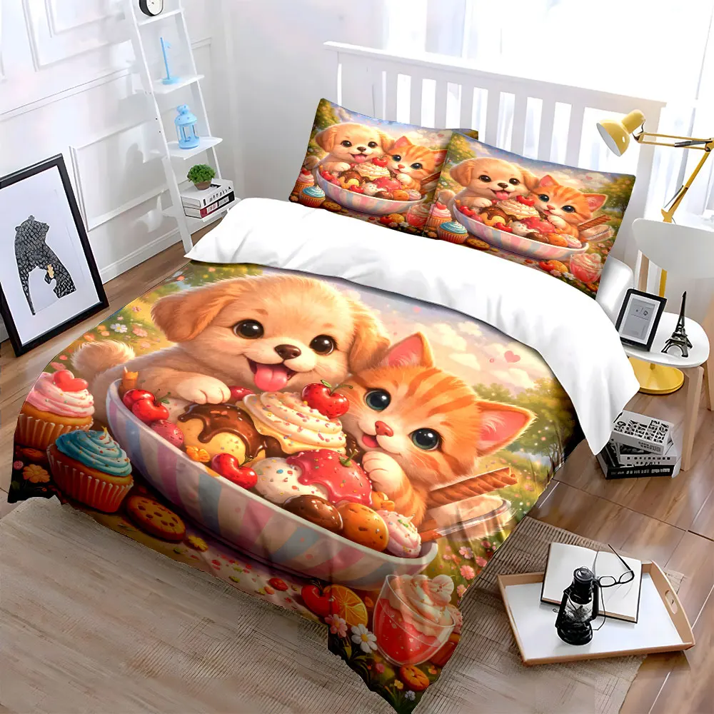 Cute Animals and Dessert Feast Printed Duvet Cover Set 1 Duvet Cover+2 Pillowcase Multi Size Bedroom Bedding Decor Luxury gifts