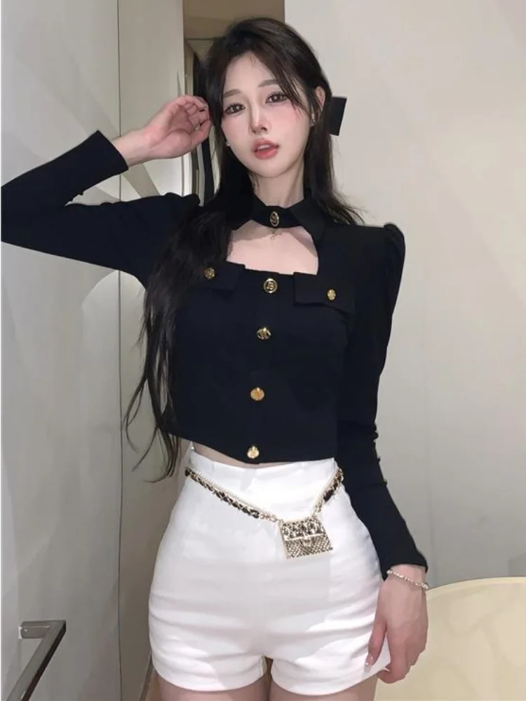 T-shirts Women Hollow Out Slim Elegant Sexy Korean Style Spring Solid Simple Design Turn-down Collar Students Basic Casual Daily