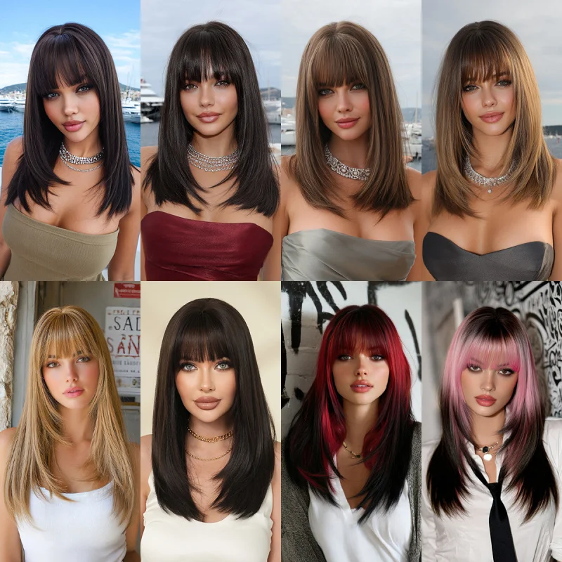 High-quality 20-inch shoulder-length for women, black layered , natural full head wig with bangs, straight hair,