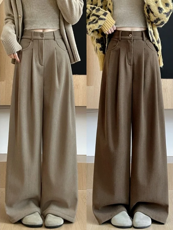 

Женские зимние брюки с высокой талией из вельвета, свободные прямые брюки с широкими штанинами, драпированные, на флисовой подкладке, однотонные, для повседневной носки