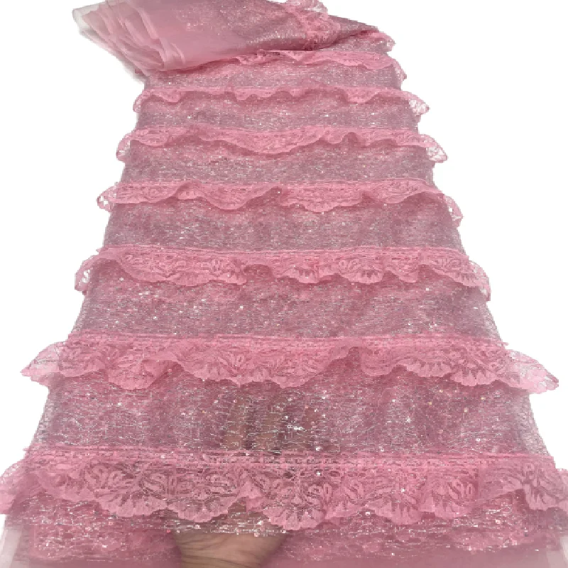 

2022 High Quality Fashion African Pink Tulle Lace Fabric With Sequins For Wedding Dress Party Sewing
