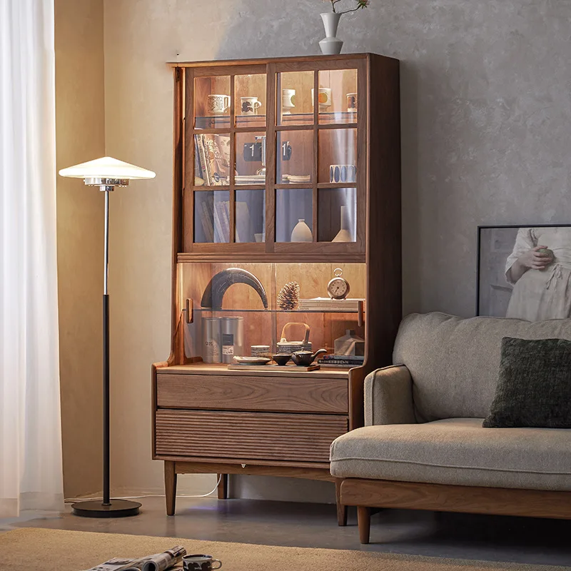 Solid wood bookcase Glass door Dust-proof display cabinet Bookshelf Edge cabinet
