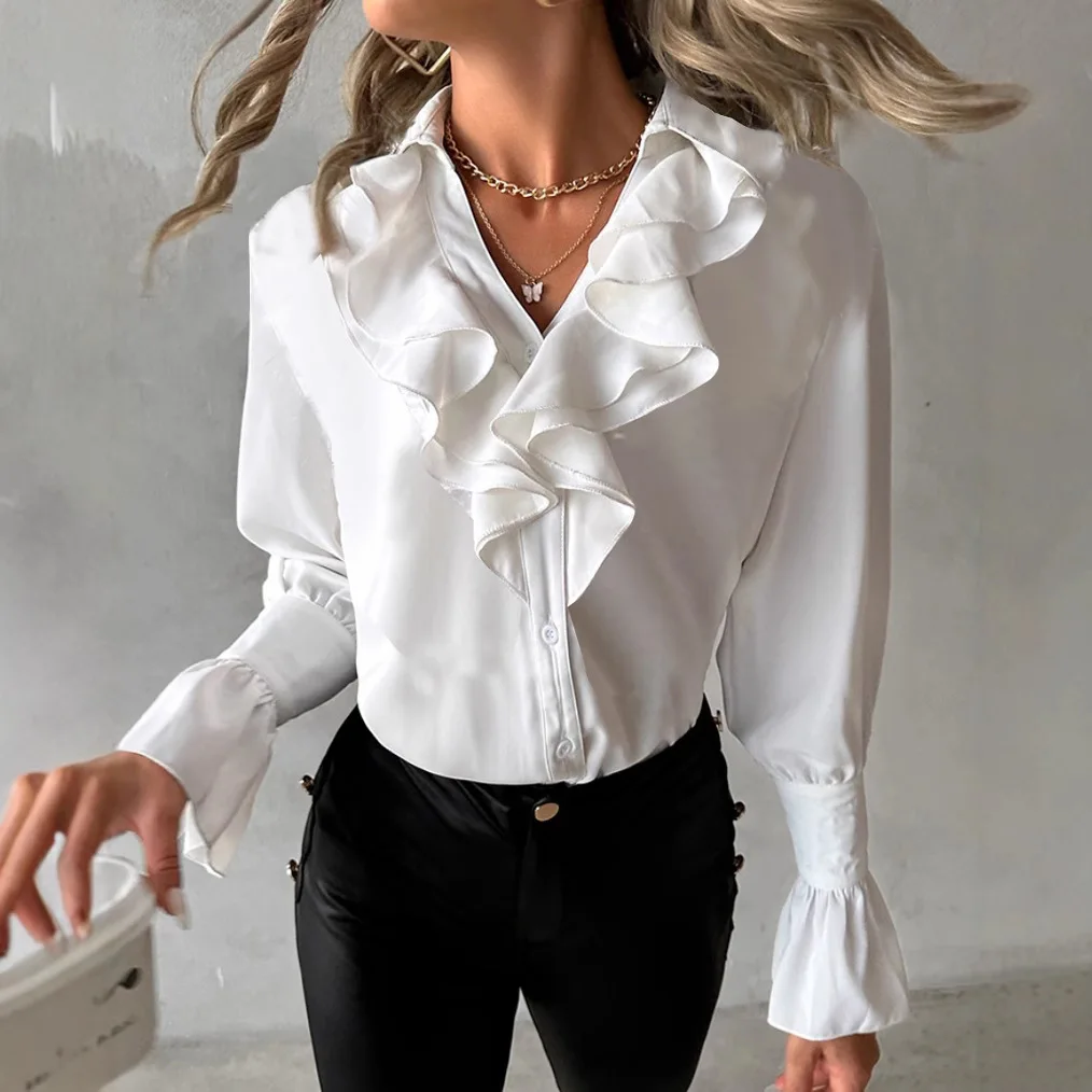 

Ruffled V-neck Streetwear Women's Clothing European and American Fashion Long-sleeved Tops Shirts Solid Color All-match Shirts