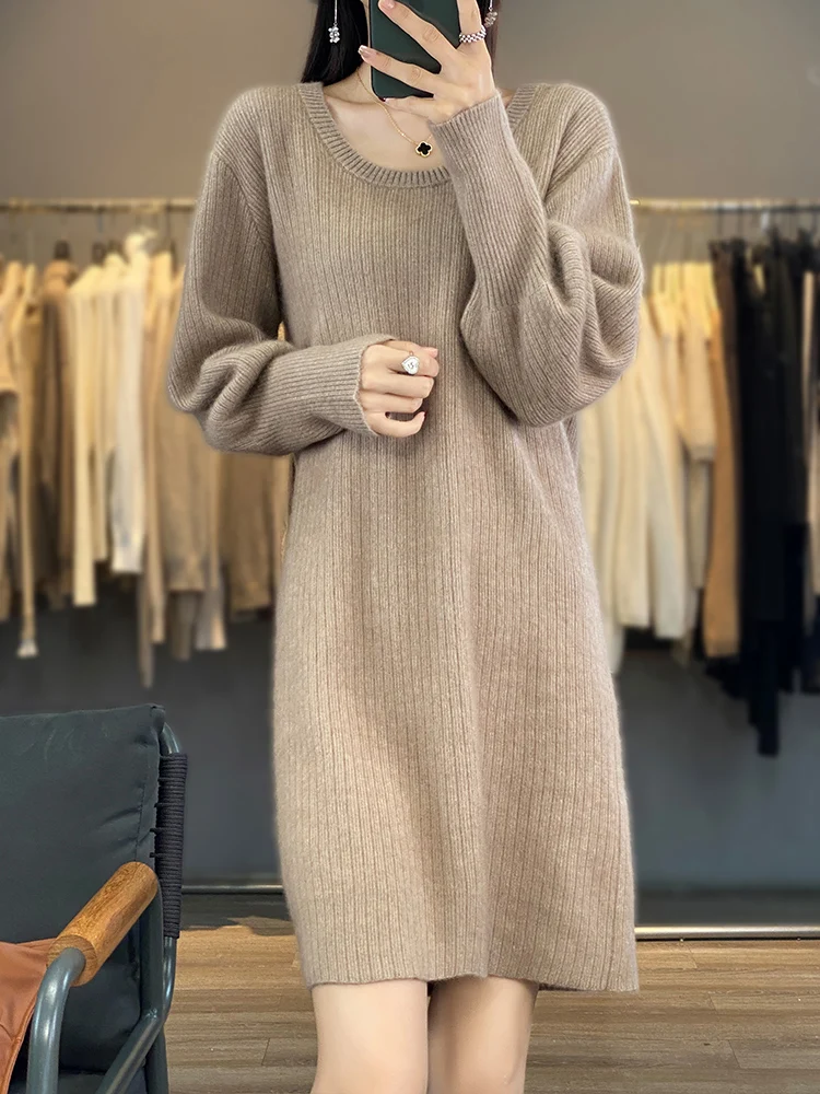 

Autumn Winter Women 100% Mink Cashmere Dress O-Neck Long Sleeve Warm Luxury Fashion Long Skirt Solid Color Loose Knitted Dress