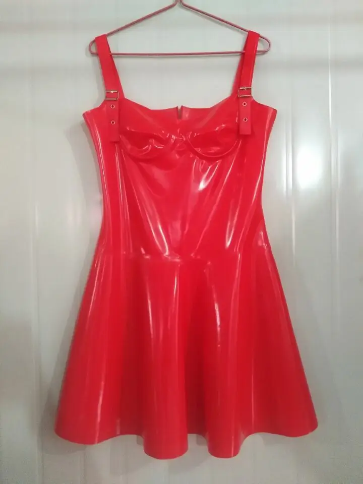 100% Latex Rubber Dress Gummi Rot Sexy Sleeveless Schlinge Falten kurz Kleid0.4mm Christmas