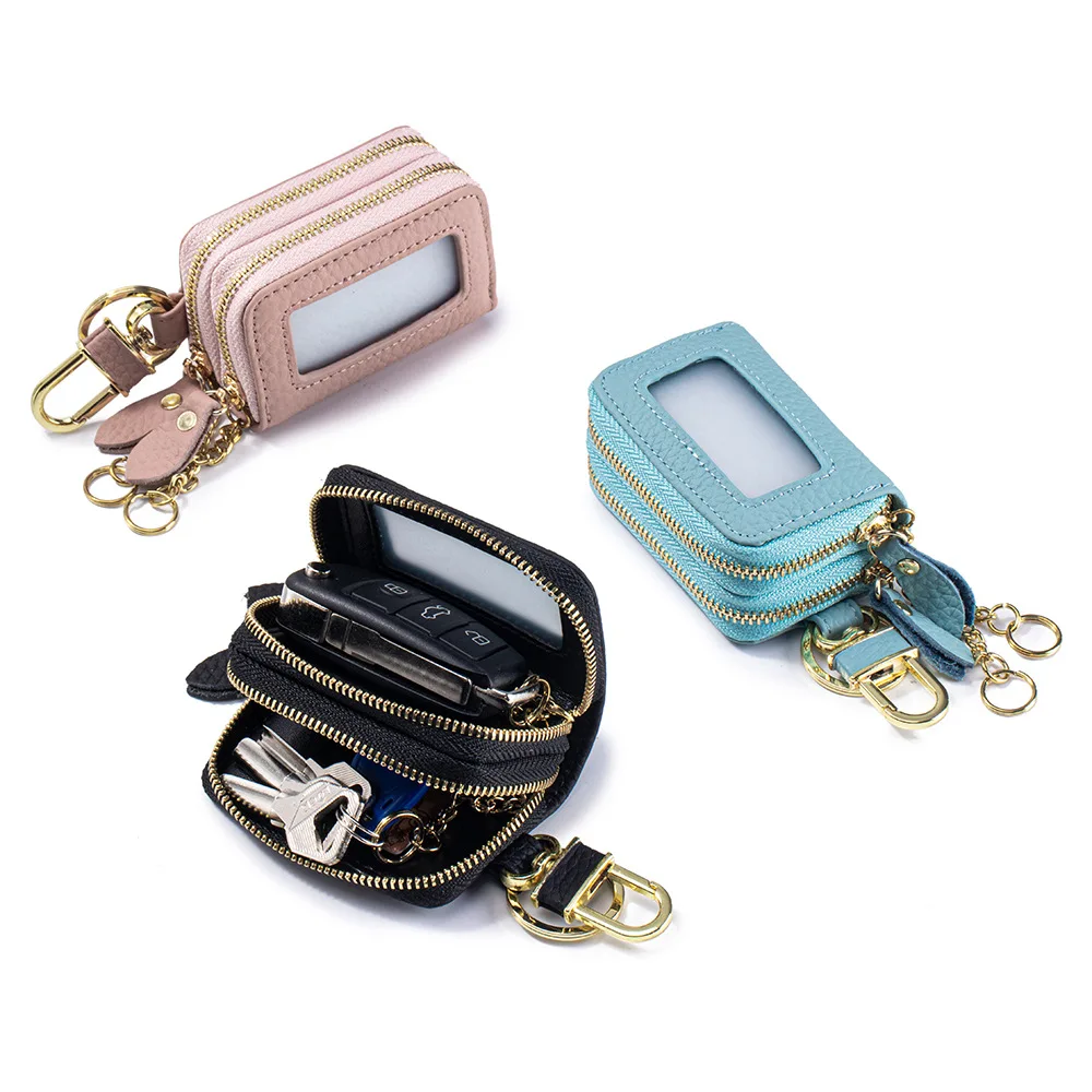Genuine Leather Double Zipper Key Case Top Cowhide Waist Hanging Key Holder Pouch Unisex Car Key Bag with Transparent Window
