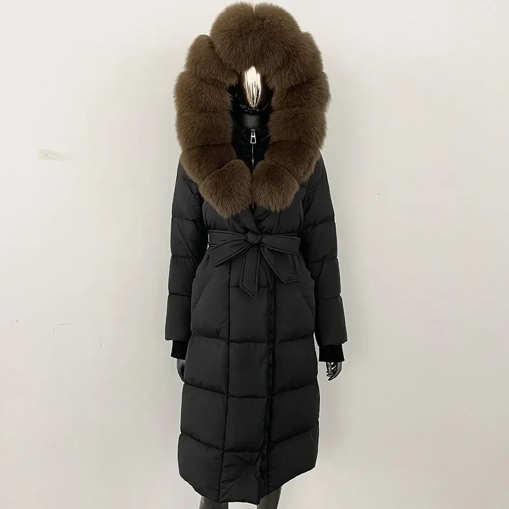 Weiße Gänsedaunenjacke, Parka, dick, warm, locker, wasserdicht, Mantel, natürliche Pelzjacke, Damen, 2024, Winter, echte Fuchspelzkragenjacke