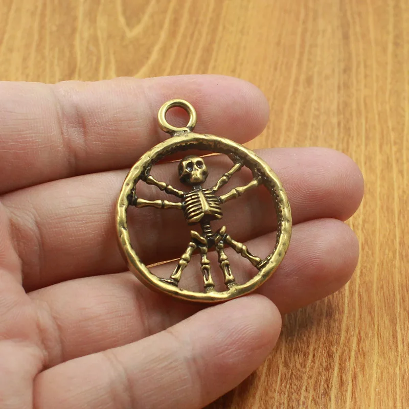 New Brass Vitruvian Skeleton Metal Figurine Car Keychain Skeleton Pendant Decorative Figurines Accessoires Miniatures