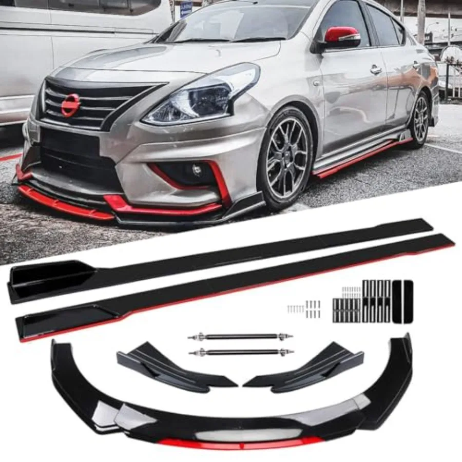 

Black Red Universal 69-73" Adjustable Car Front Bumper Lip Splitter Chin Spoiler Body Kit with 86.6 Side Skirt Extension Rocker