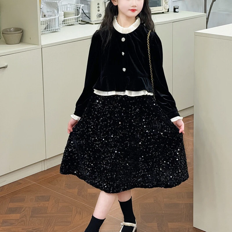 Girl\'s sequined velvet dress black fashionable high-end temperament girl fake two pieces Spring and Autumn Winter Festival party