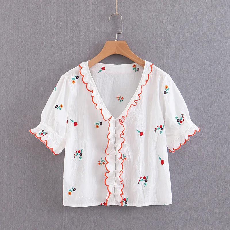 Women Ruffled Sweet Floral Embroidery V Neck Transparent Blouses Short Sleeve Shirts Female Chic Summer Tops
