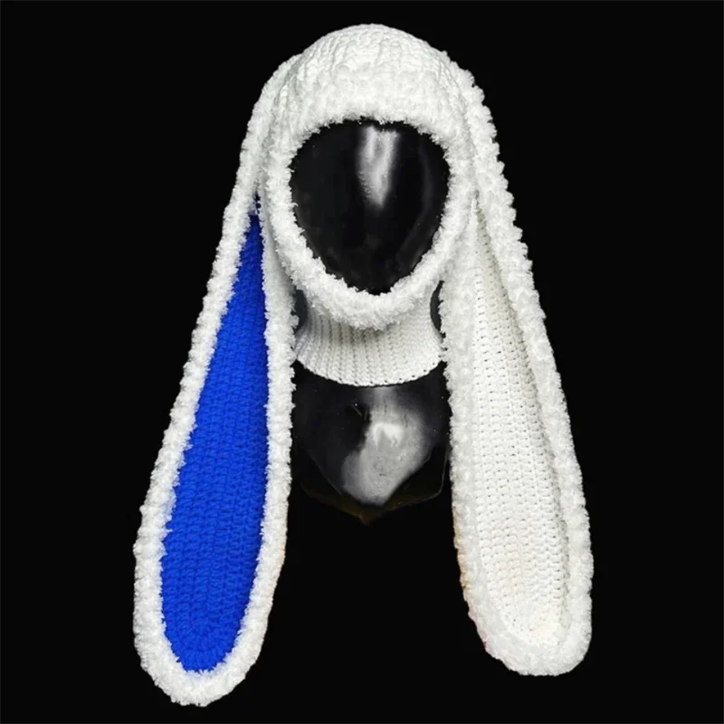 Blue and white long Rabbit ears Pullover cap Handmade crocheted Balaclava protect neck For women men Winter warm Fashion hat