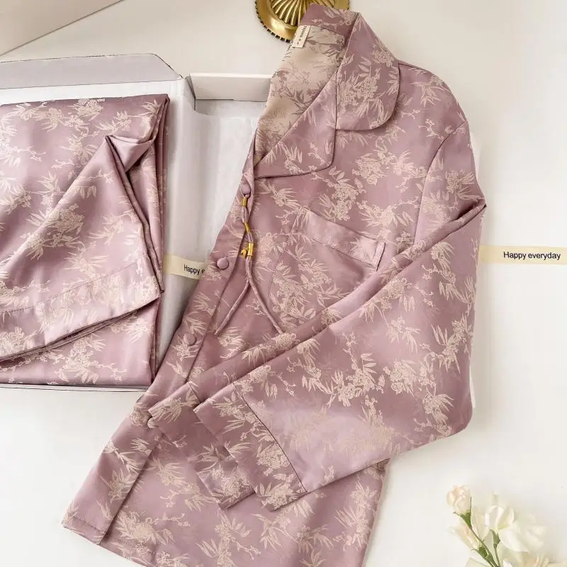 Purple Chinese Style Pajamas Set Sexy Jacquard Bamboo Leaf Home Clothes Ice Silk 2Pcs Top&pants Lady Casual Homewear Nightwear